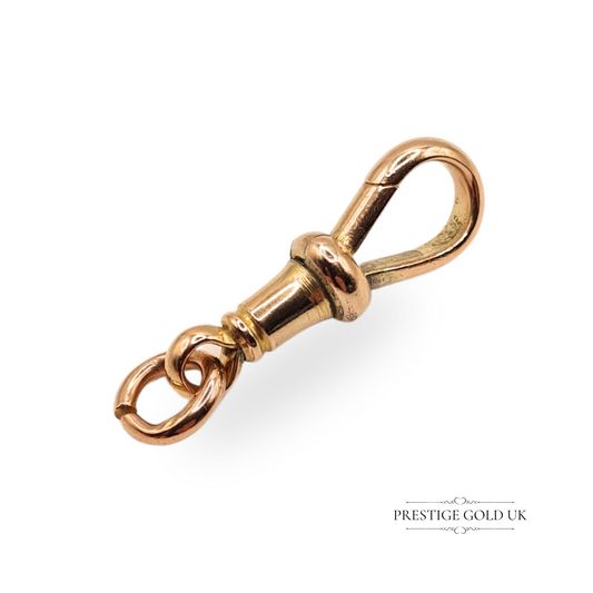 Antique 9ct rose gold dog clip clasp with 9CT stamp, measuring 22mm x 7mm, ideal for Victorian Albert chains or charm bracelets; lightweight 1.44g fastener with vintage appeal and elegant curved design.