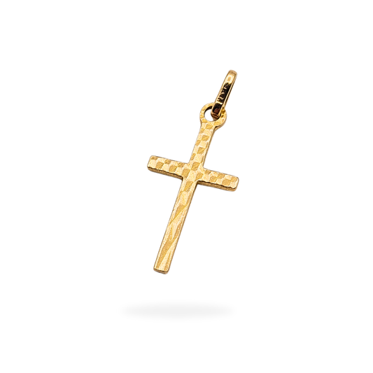 9ct gold cross pendant with diamond-cut textured front and smooth reverse, fully tested with worn hallmarks. Measures 20mm tall by 10mm wide. Solid gold unisex crucifix pendant, lightweight and elegant design, ideal for everyday wear or gifting.