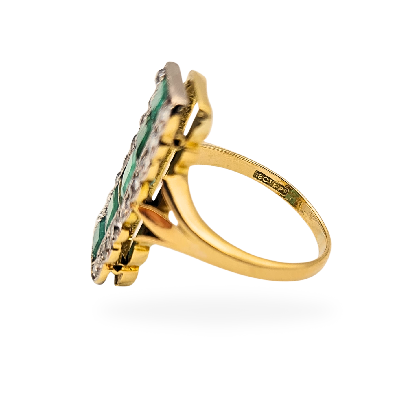18ct Gold Emerald Diamond Ring, Old Cut, UK Q / US 8