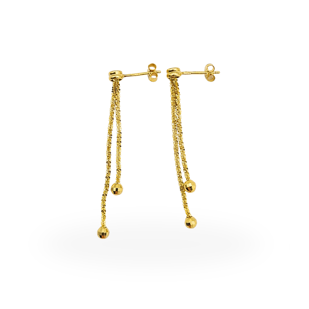 9ct Yellow Gold Long Chain Drop Earrings Glitter Ball Dangle 54mm Hallmarked