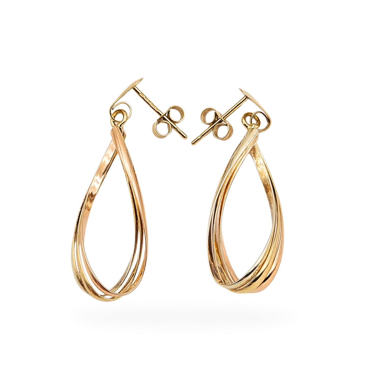 9ct Gold Tri Colour Twist Drop Earrings 37mm Fully Hallmarked