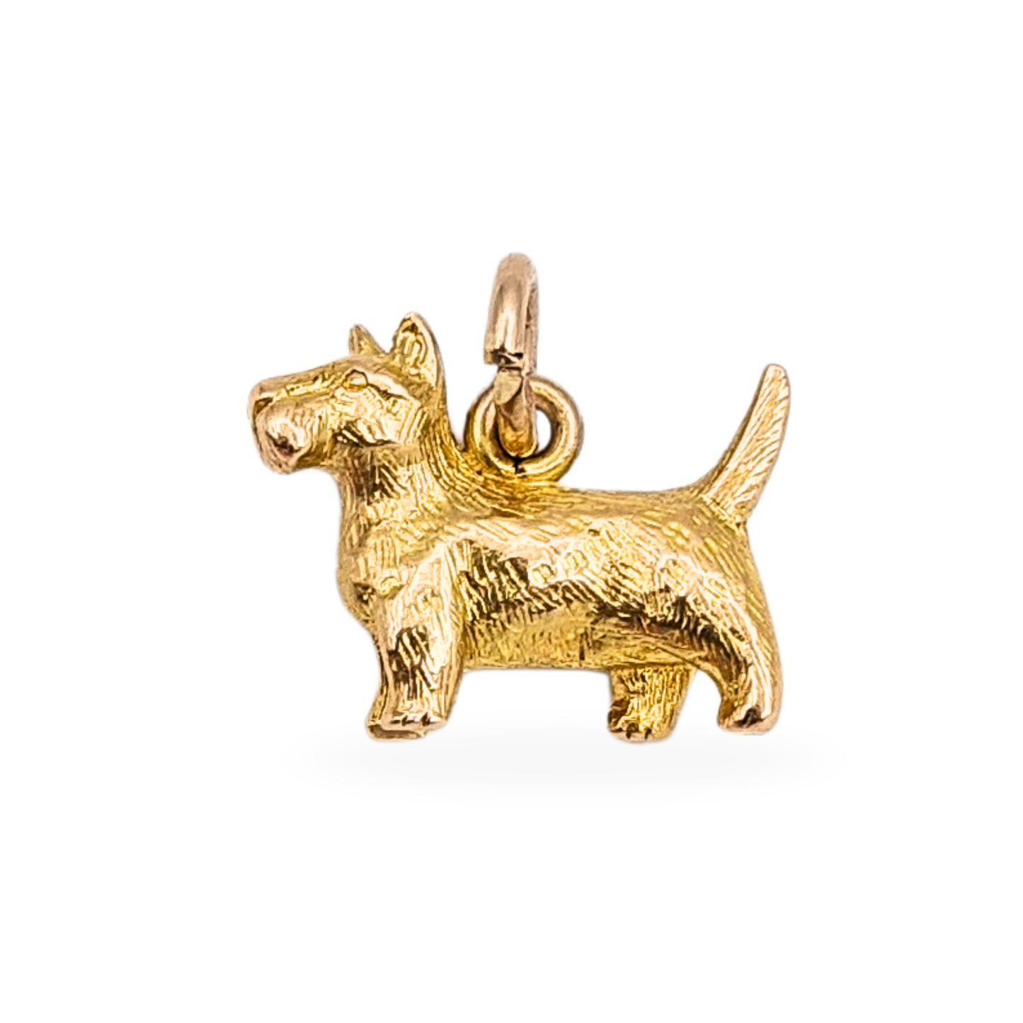 Photograph of a detailed 9ct gold Scottie dog charm, 14mm wide and 10mm tall, weighing 2 grams. The solid gold charm features a textured coat and 3D form with a jump ring for attaching to a bracelet or pendant chain.