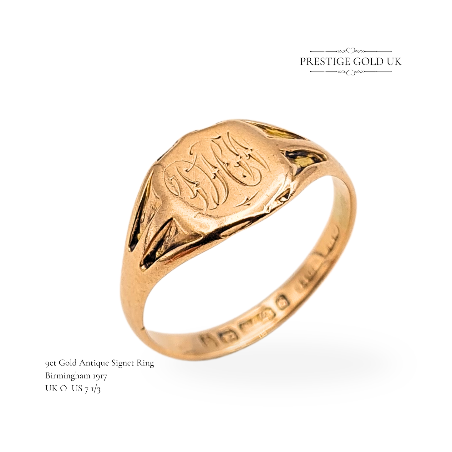 9ct Rose Gold Antique Signet Ring, Hand Engraved Initials UK O / US 7.3