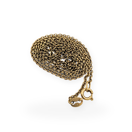 Fine 9ct gold belcher rolo chain necklace measuring 45cm with slim 1mm links, featuring a spring ring clasp and stamped 9ct tag, warm yellow gold tone, lightweight and delicate design suitable for layering or wearing alone