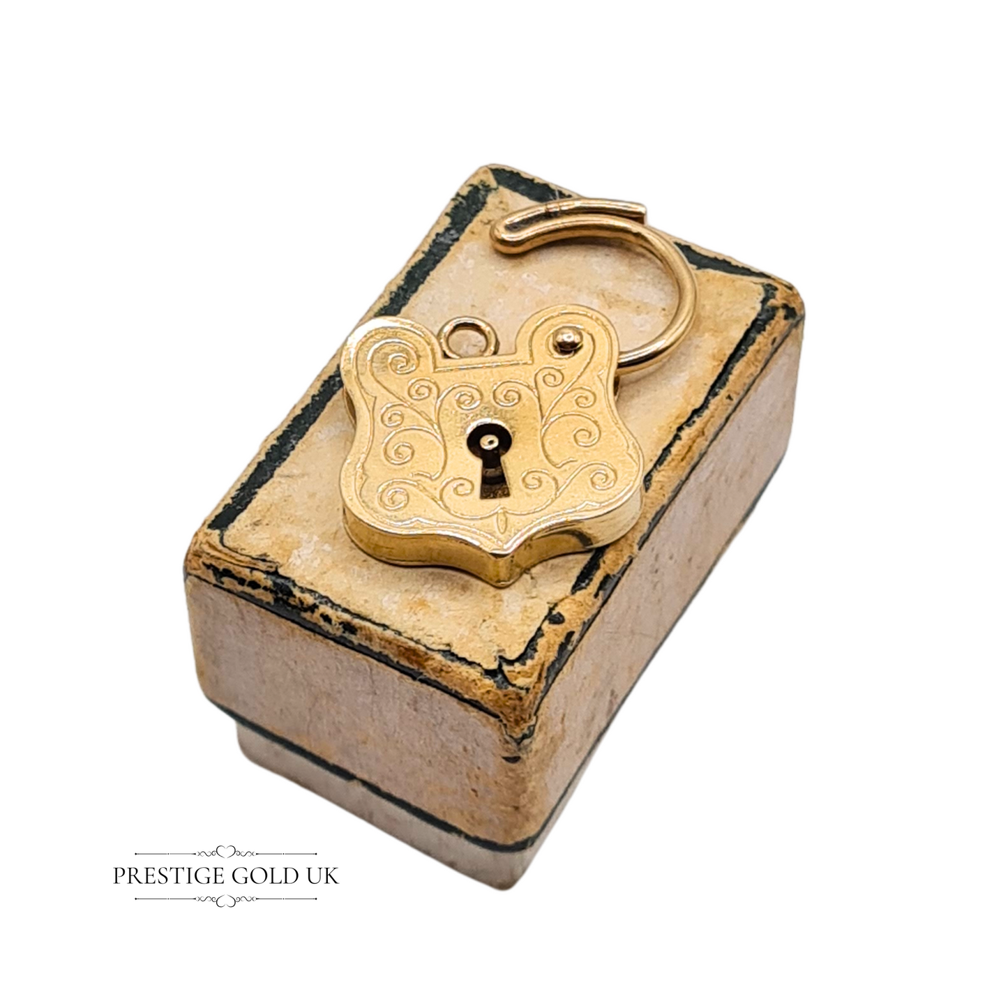 9ct Gold Shield Padlock Charm, Scroll Engraved Opening Shield Pendant