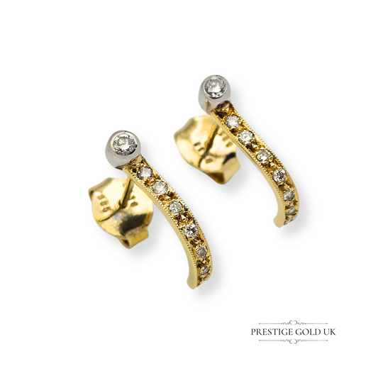 14ct Gold Diamond Half Hoop Earrings, J Shape Design with White Gold Detail