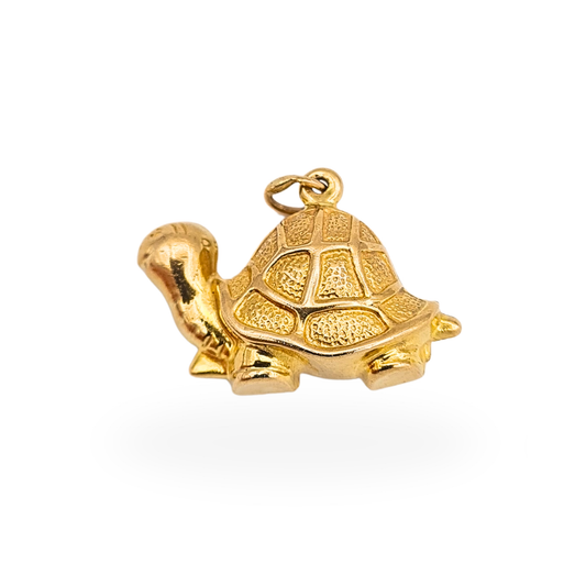 Vintage 9ct gold puffy tortoise charm with cartoon-style design, fully British hallmarked 1972.