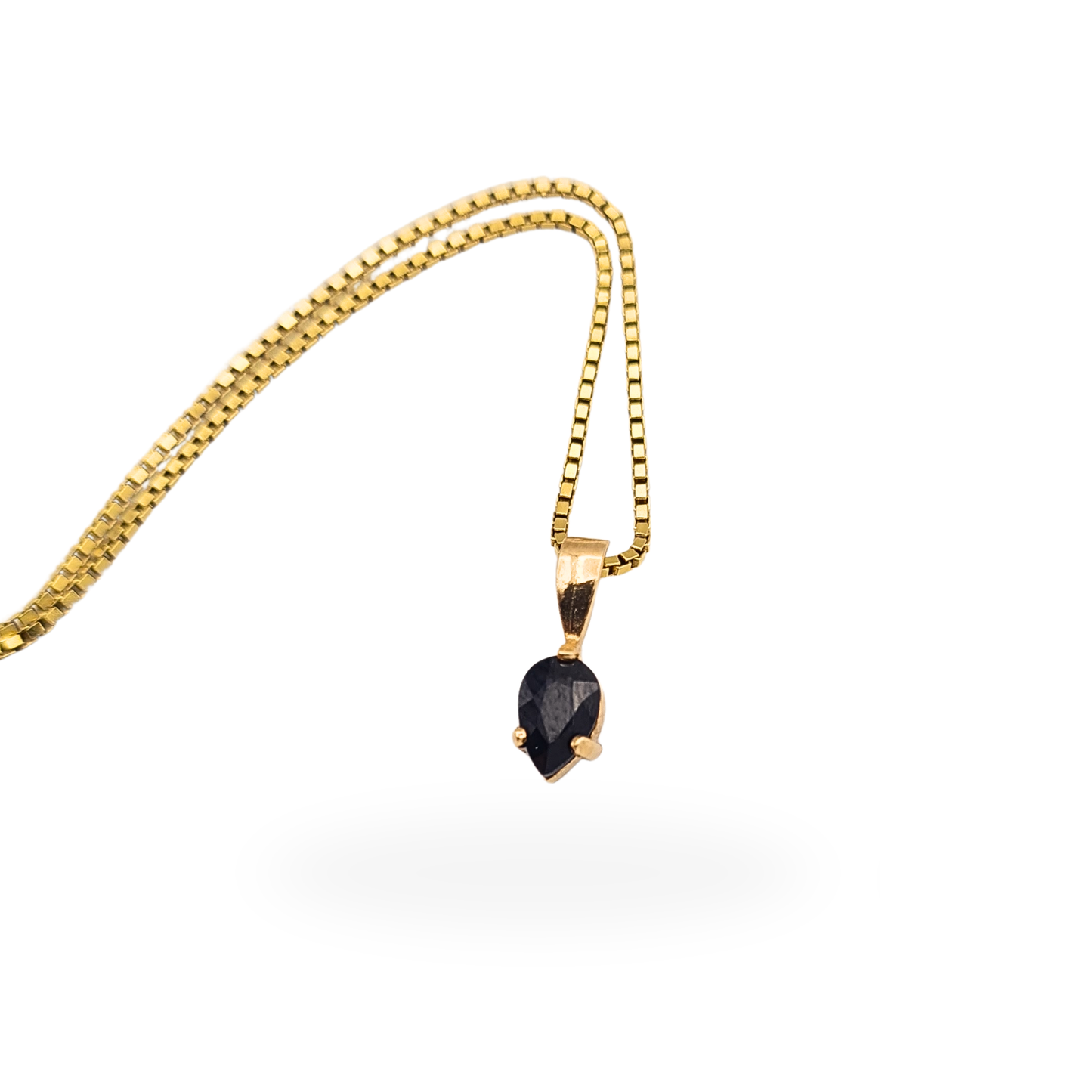 16" 9ct Gold Box Chain Necklace Blue Sapphire Pendant Hallmarked