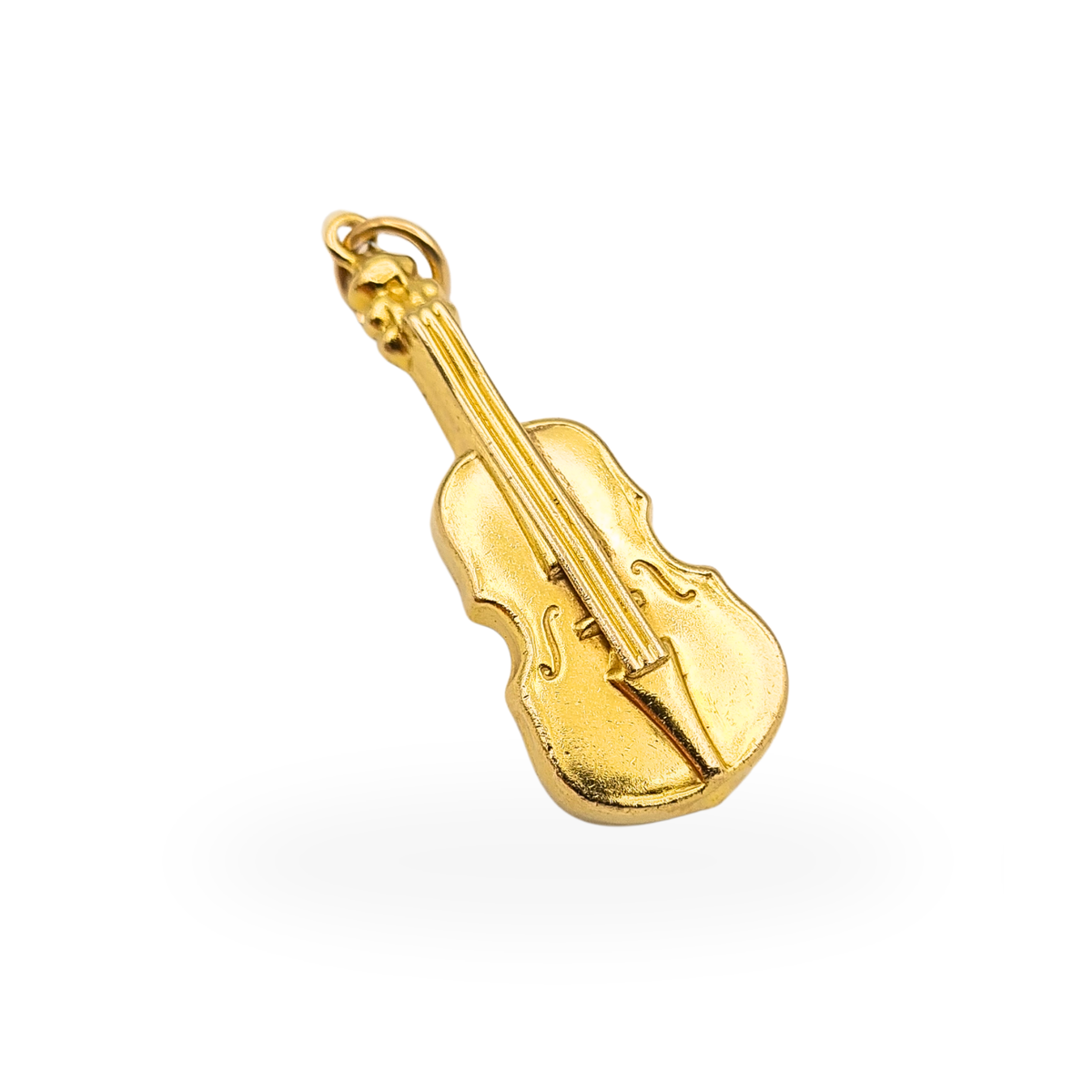 9ct yellow gold chunky puffy violin charm pendant with detailed strings and fiddle body, London 1969 Georg Jensen Ltd sponsor mark