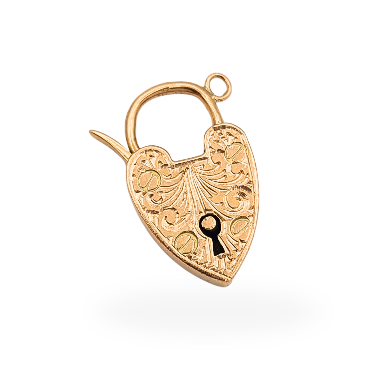 Antique solid 9ct rose gold hand engraved opening heart padlock clasp for a gate bracelet, stamped 9ct, 20mm tall.