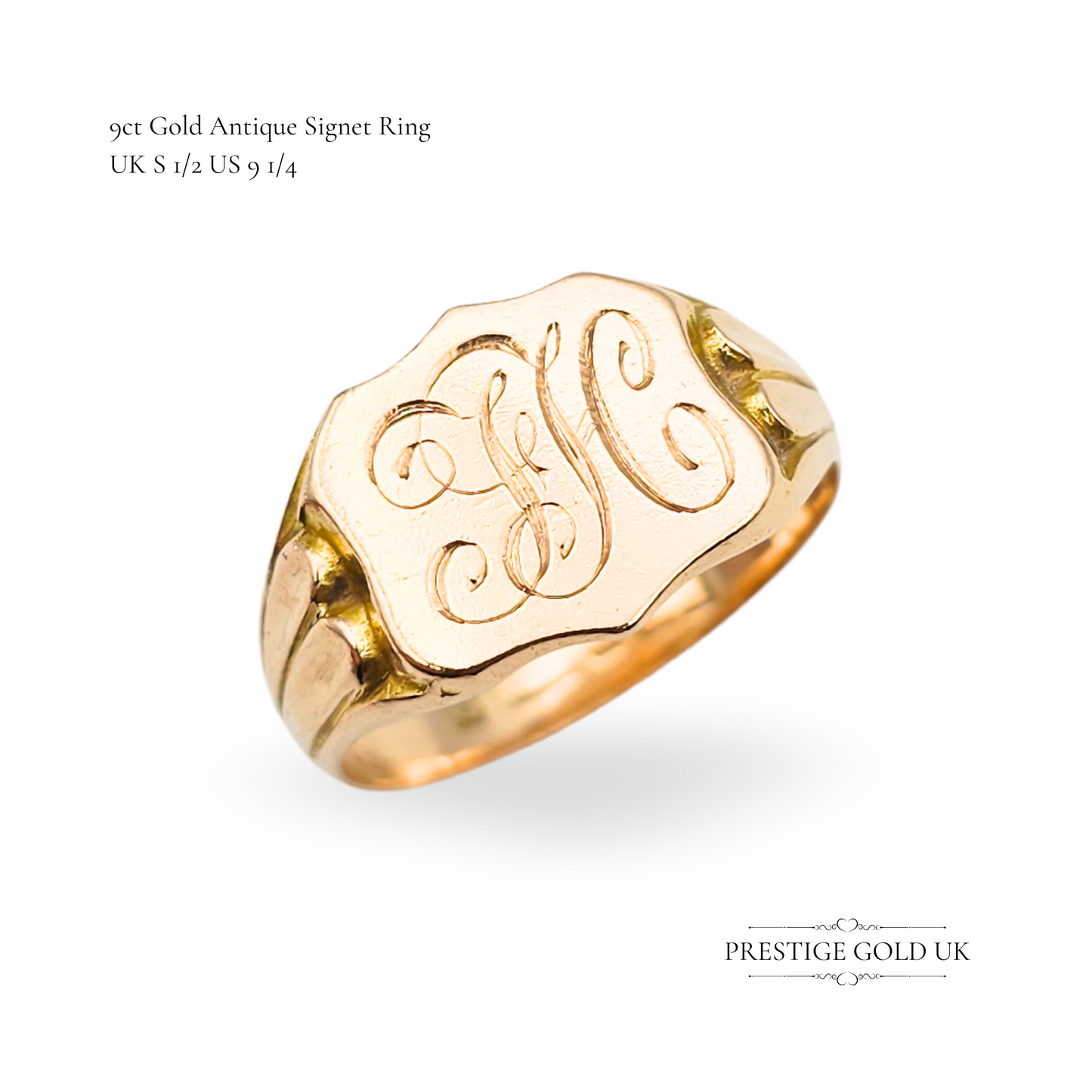 9ct Rose Gold Ornate Signet Ring, Monogrammed FH,  UK Size S 1/2 US 9