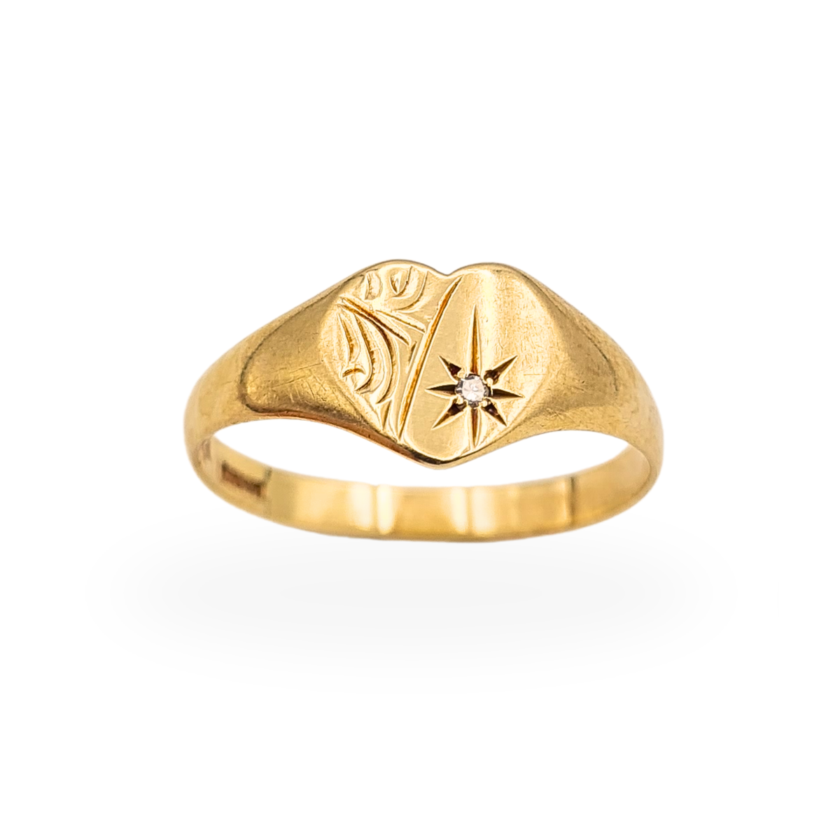 9ct gold diamond heart signet ring with engraved detail and starburst set diamond, UK size P 1/2
