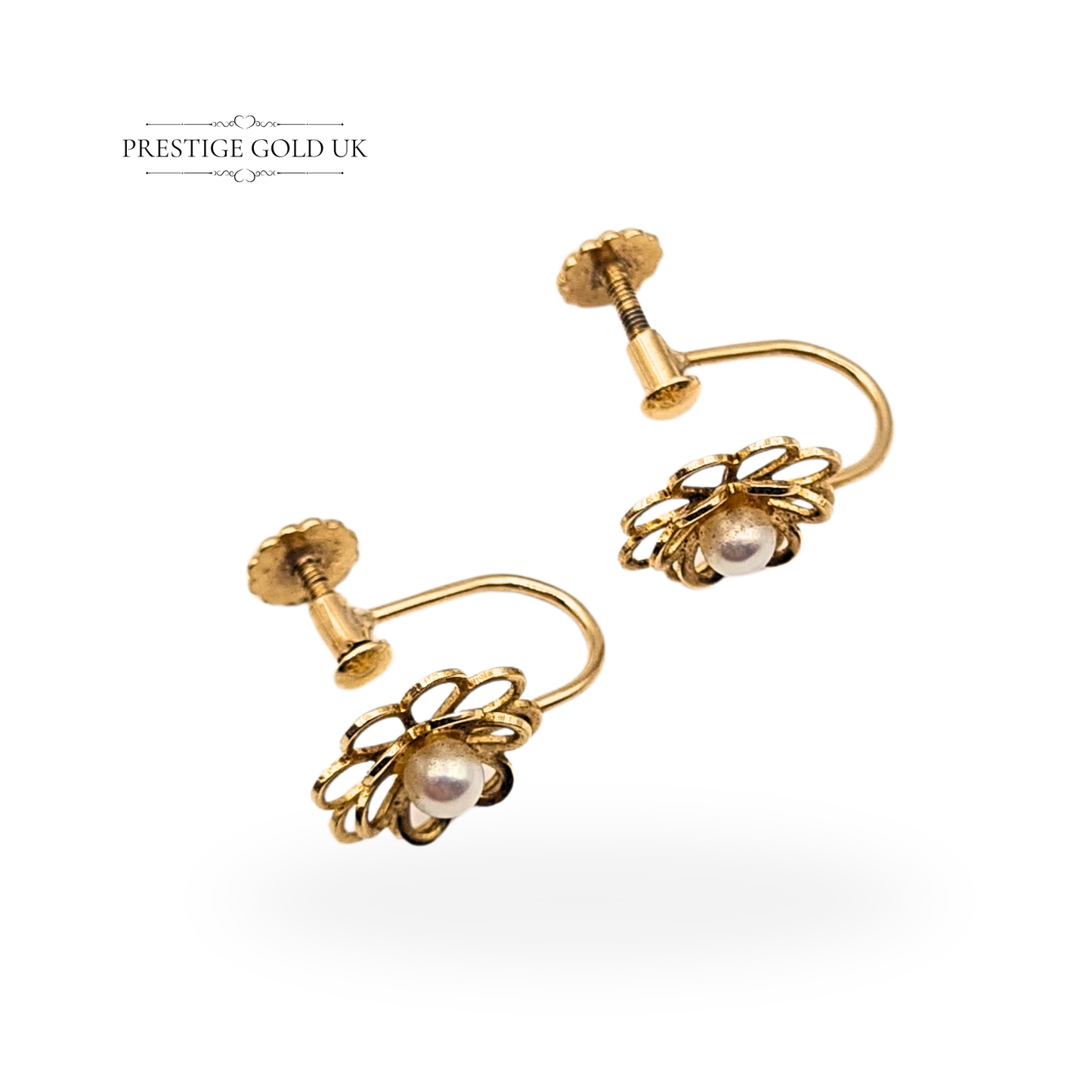 9ct Gold Screw Back Earrings, Floral Design With Pearl Centres For Non pierced ears