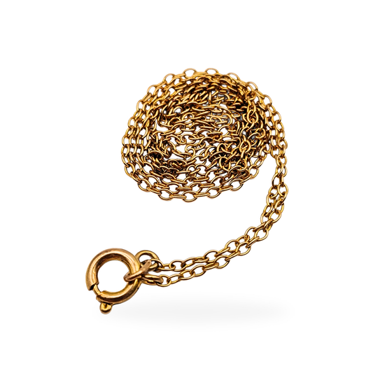 Dainty 9ct rose gold rolo chain necklace with spring ring clasp, measuring 18 1/2" (47 cm) long and 1 mm wide. Stamped 9k and fully tested, this fine belcher link chain weighs 1.44g and offers a soft blush tone perfect for pendants or layering.
