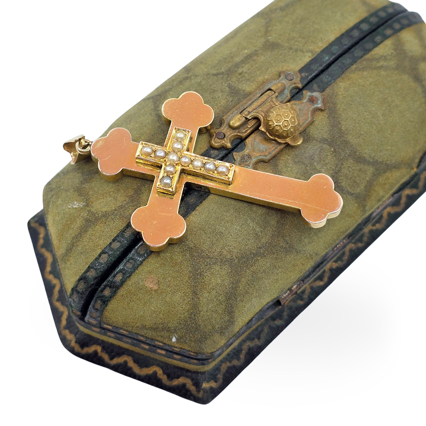 Large 9ct Gold Pearl Set Cross Pendant,  Byzantine Orthodox With Budded Ends