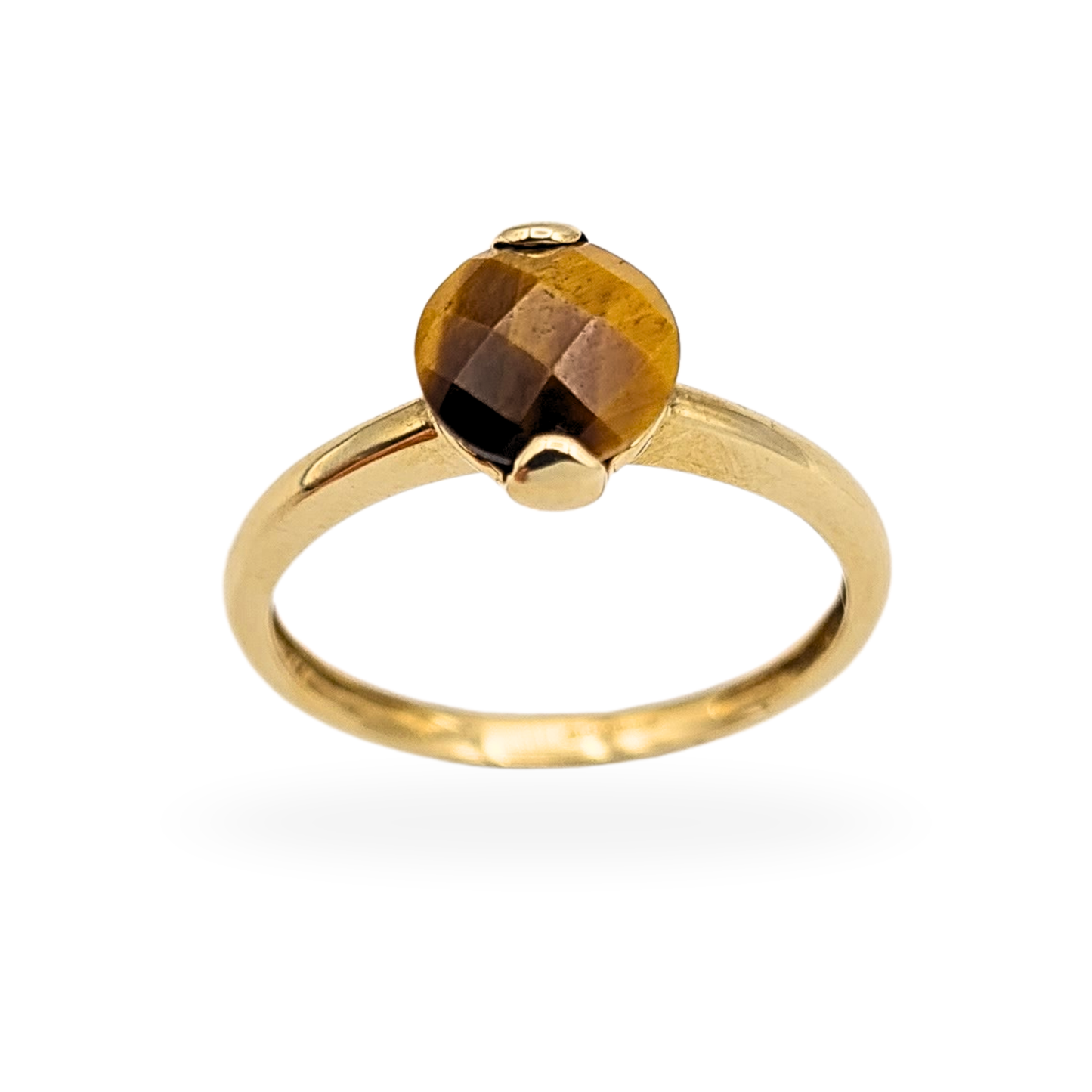 9ct Gold Tiger’s Eye Solitaire Ring, UK N / US 6.75, Faceted Round Gemstone