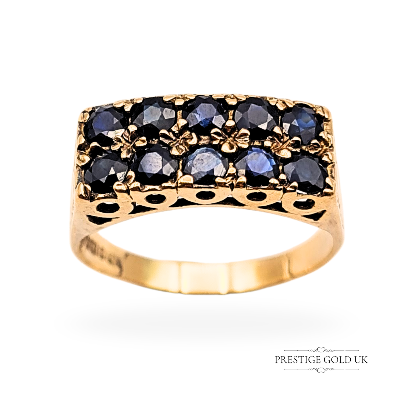 9ct Gold Twin Row Sapphire Ring, Floral-claw Setting Band UK T, US 9 3/4