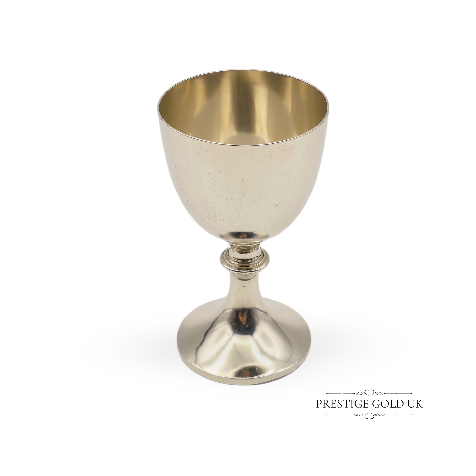 Antique solid sterling silver egg cup, 48.2g, crafted by George Nathan & Ridley Hayes, hallmarked Chester 1911, with classic goblet form, gilt-washed interior, and refined Edwardian styling, 3" tall and 45mm in diameter.