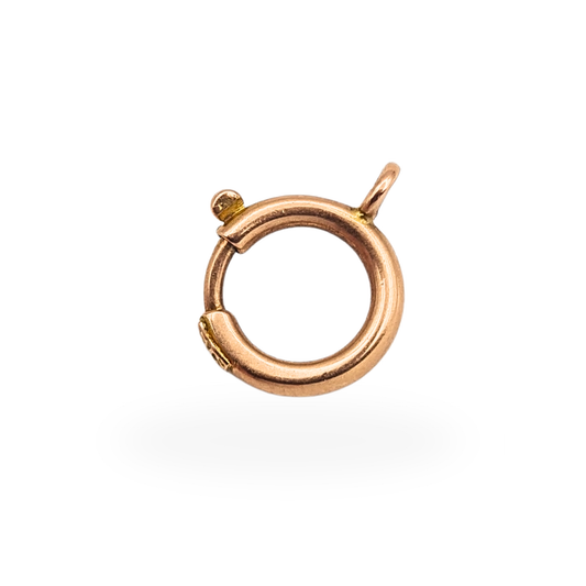 Antique 9ct rose gold 9mm spring ring clasp with spring-loaded trigger, stamped 9ct and fully tested for jewellery restoration.