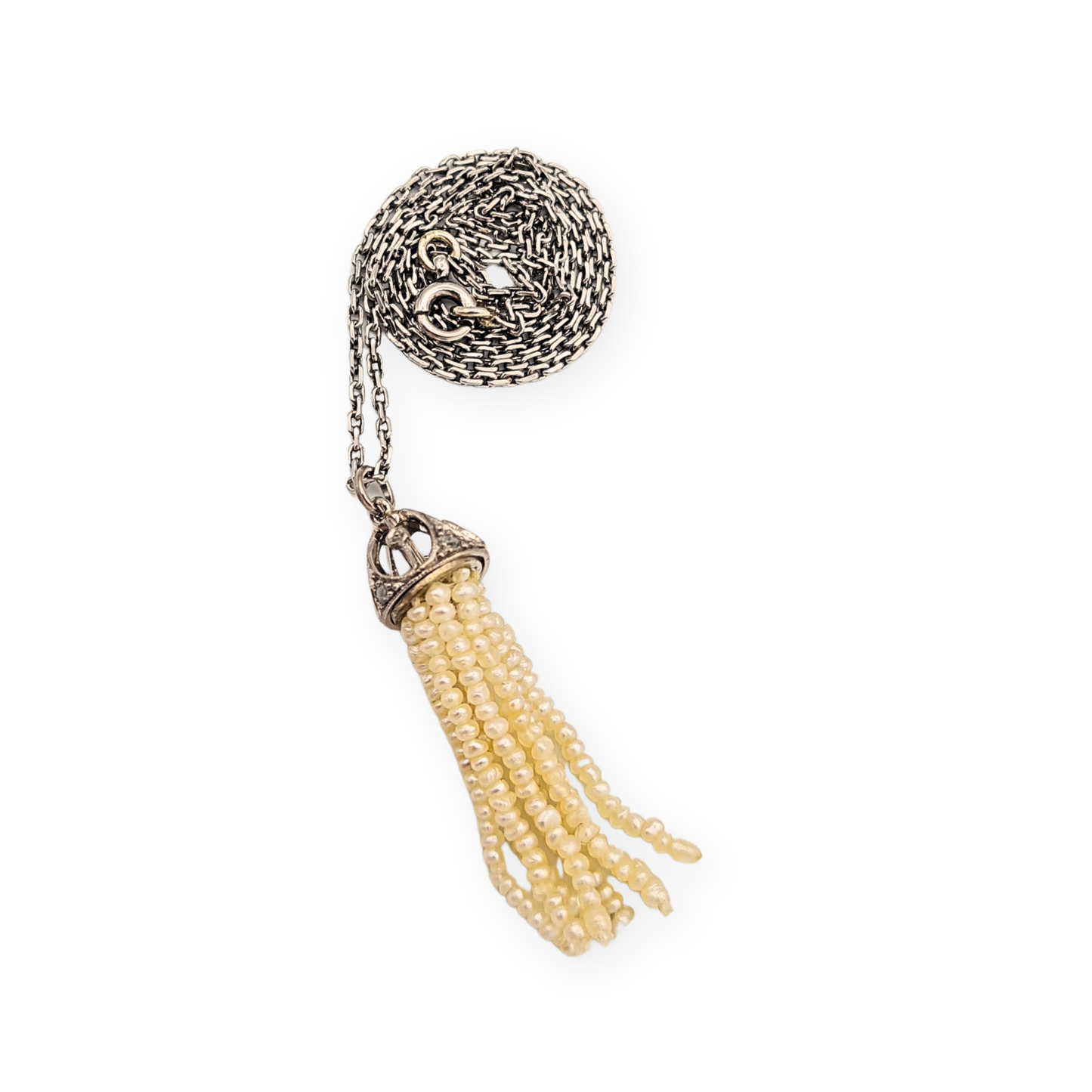 14" Lomg Platinum Chain 18ct Diamond Seed Pearl Tassel Pendant 36cm