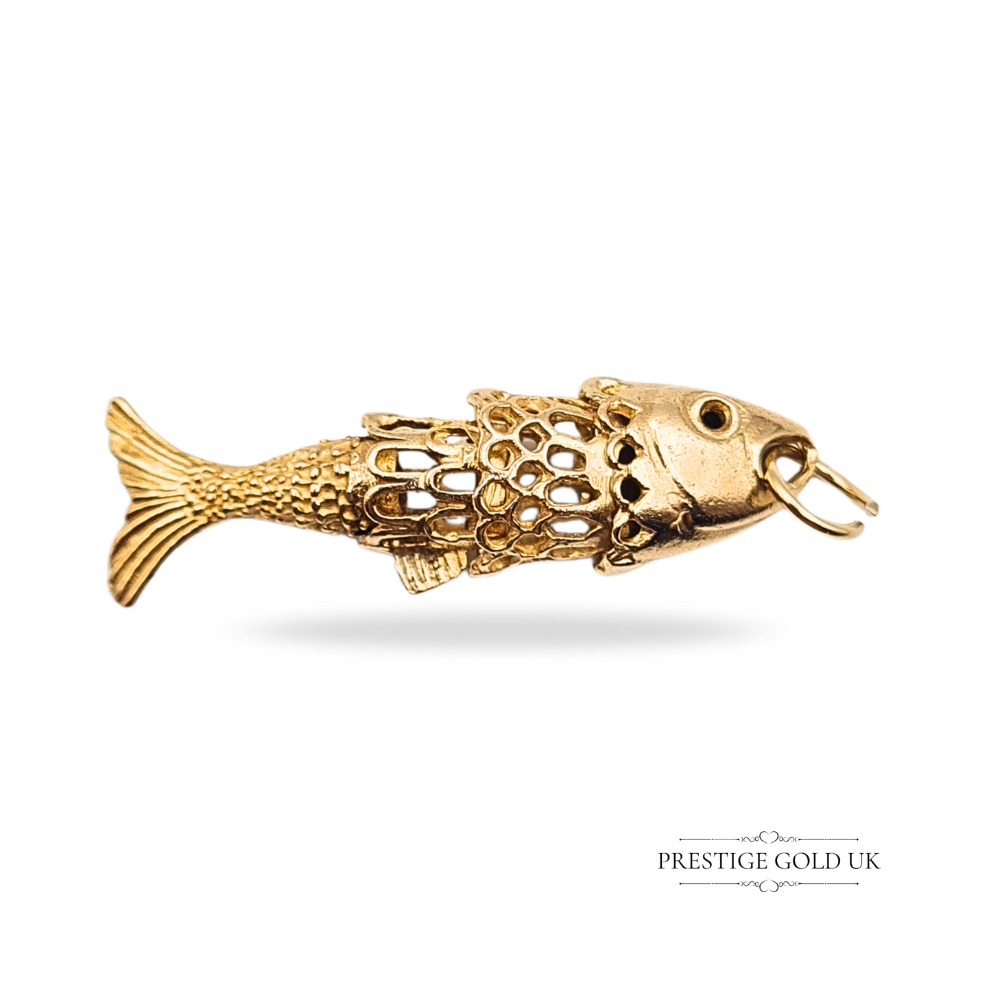 Large 9ct Gold Moving Fish Pendant, Articulating Fish Charm Hallmarked London 70's