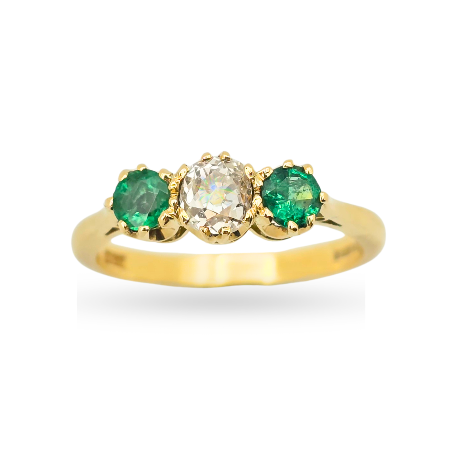 Quality 18ct Gold Diamond Emerald Trilogy Ring UK M 1/2  US 6 1/2