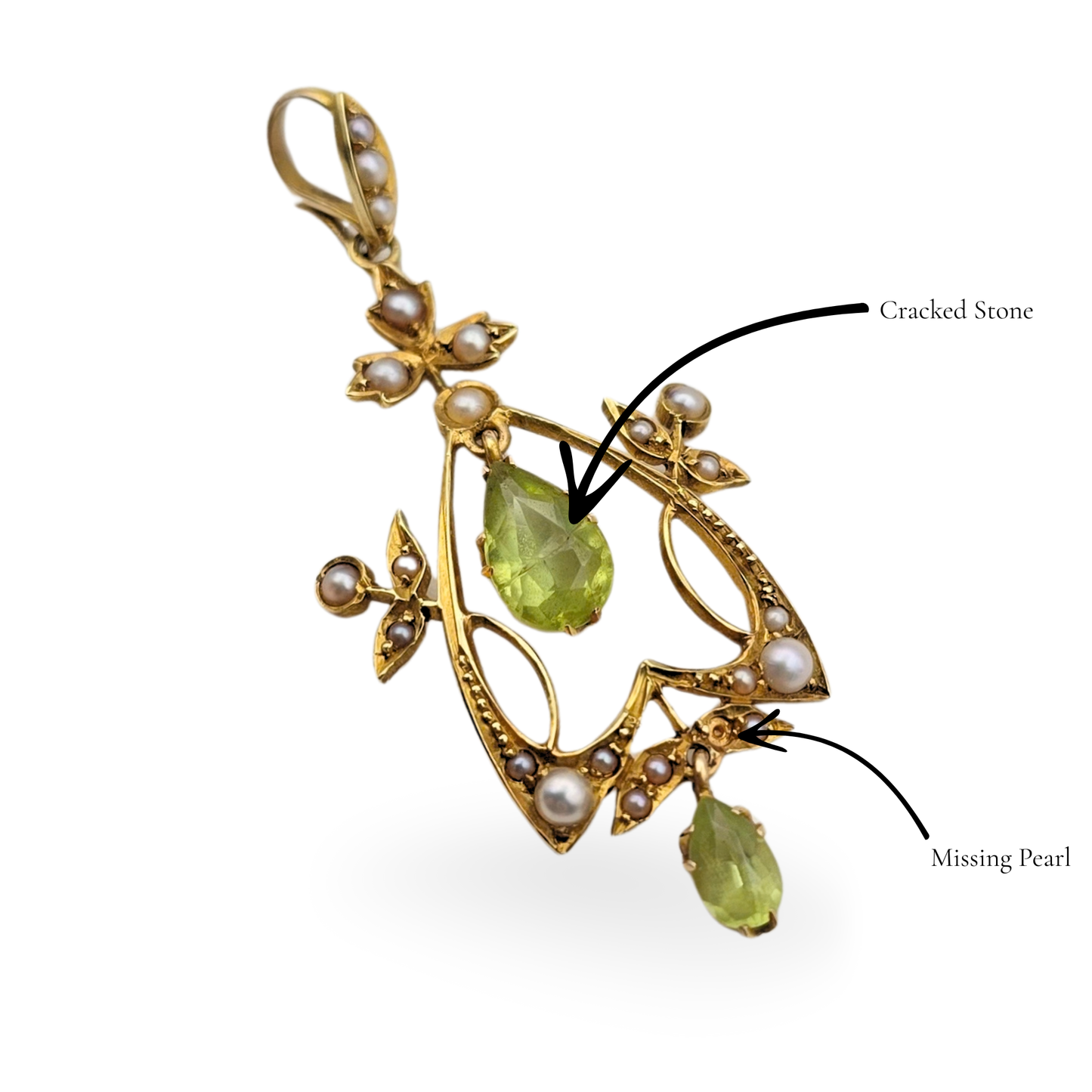15ct Gold Victorian Peridot Seed Pearl Pendant, Antique With Flaws