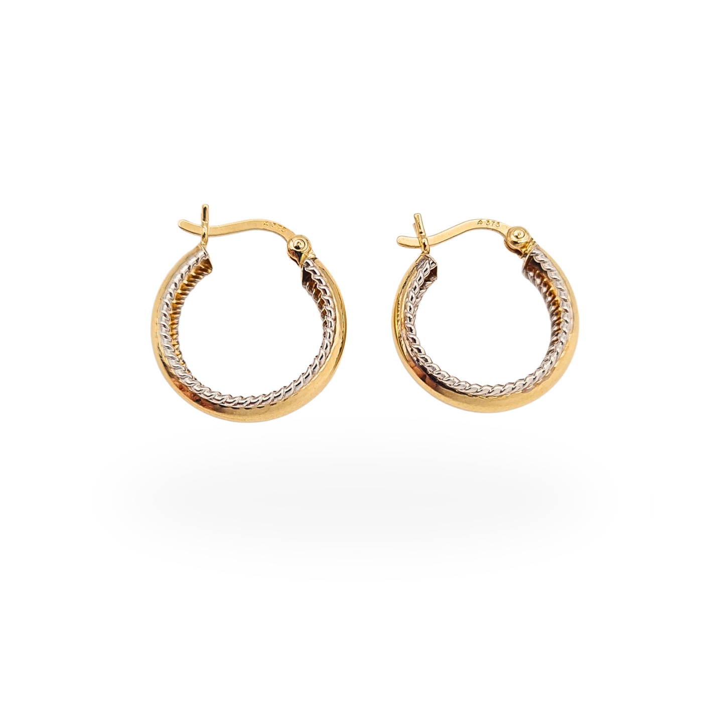 Small 9ct Gold Fancy Hoop Earrings White Gold Scroll Detail 16mm Hoops
