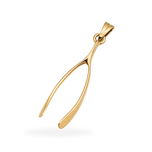 Solid 9ct yellow gold wishbone pendant measuring 35mm tall and weighing 1.98g, fully British hallmarked. Features a polished finish and smooth contour design symbolising luck and positivity, ideal as a unisex fine gold necklace charm.
