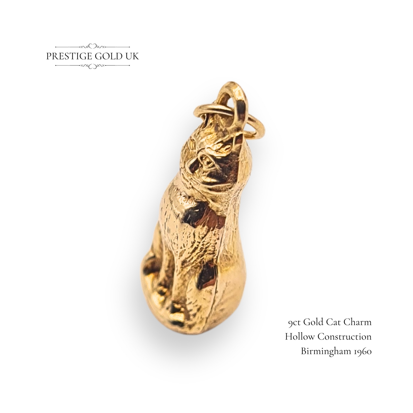 9ct Gold Small Cat Charm Pendant, Hollow Construction Lightweight Charm