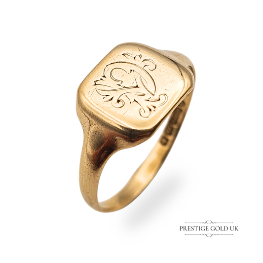 1940s vintage 9ct gold signet ring with monogrammed square face, fully hallmarked by the Birmingham Assay Office in 1942, featuring a personalised inscription on a warm yellow gold band, ideal as a classic unisex heirloom or pinky ring.