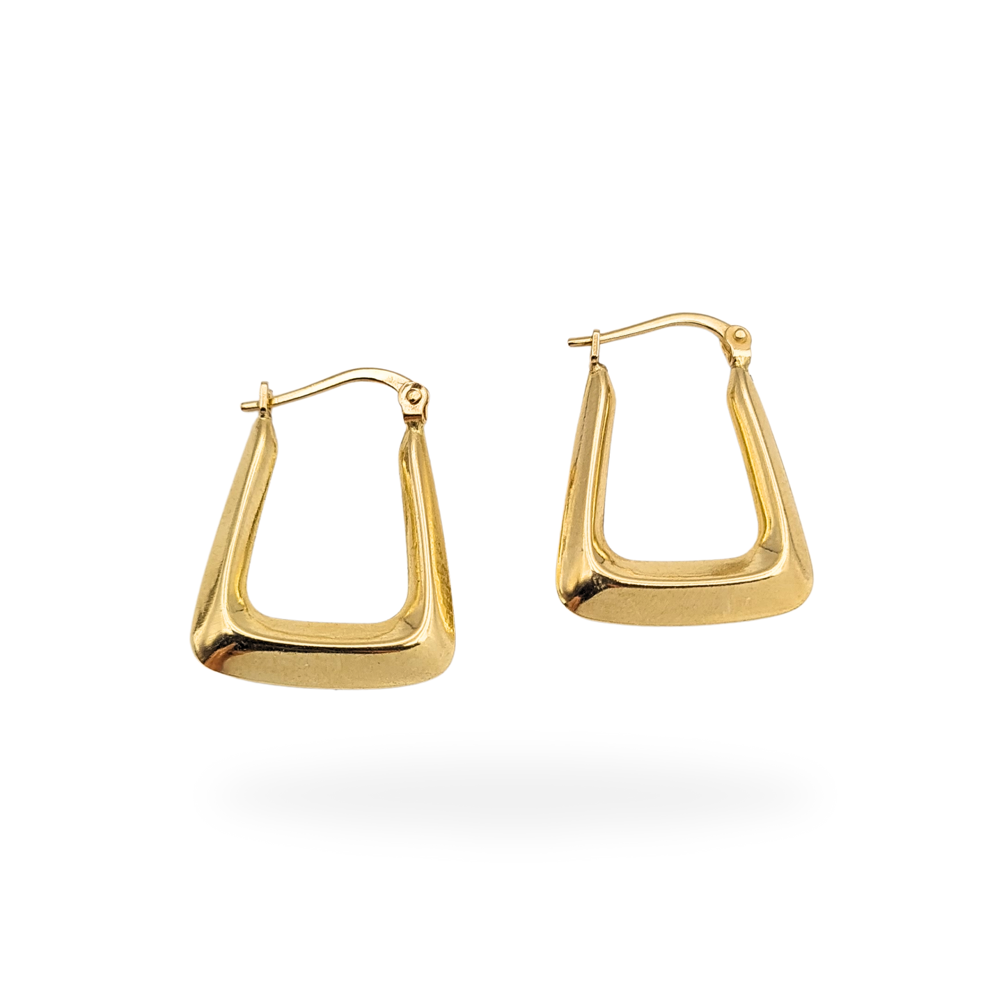 Pair of solid 9ct yellow gold geometric hoop earrings with flip-top fasteners, measuring 22mm tall by 17mm wide and weighing 1.41g. Modern oblong-square shape with polished finish, stamped 375 and fully tested for gold purity.
