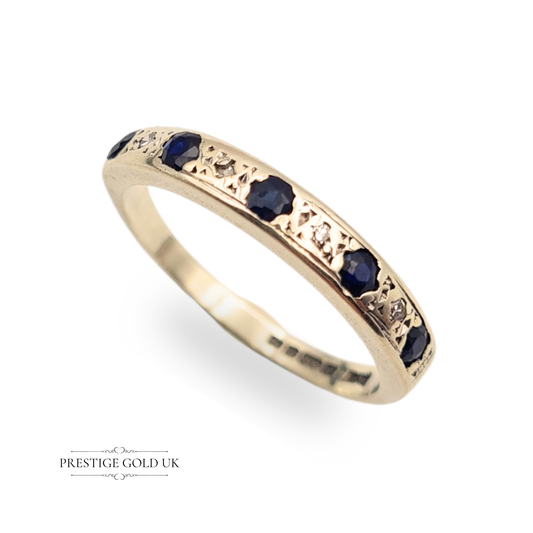 Vintage 9ct white gold half eternity ring with alternating sapphires and diamonds, delicate pierced setting, 3mm band, fully hallmarked Birmingham 1975, size UK J 1/2 / US 5