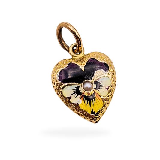 Antique-style 9ct gold heart pendant featuring a hand-painted pansy flower in purple, yellow, and white enamel with a central half pearl, tested as 9ct gold, measuring 16mm tall and 13mm wide, shown with fine embossed detailing and 7mm jump ring.