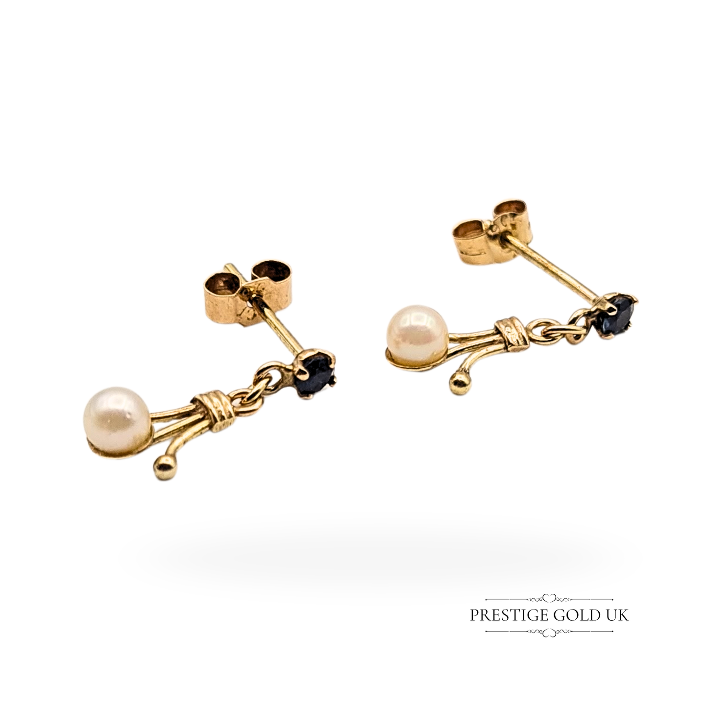 9ct Gold Pearl & Sapphire Earrings, 15mm Drop, Victorian Style