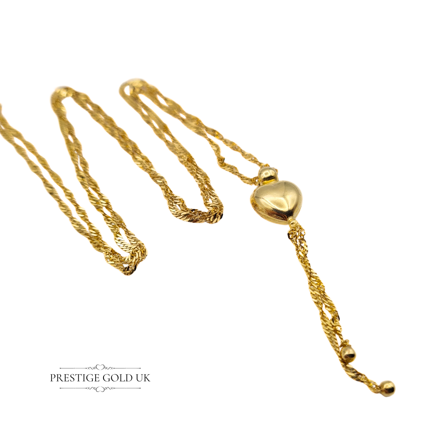 15" Long 9ct Gold Twist Rope Necklace, Sliding Heart Pendant, 15 3/4" (40cm) Long, 1mm Wide, Fully Hallmarked Sheffield