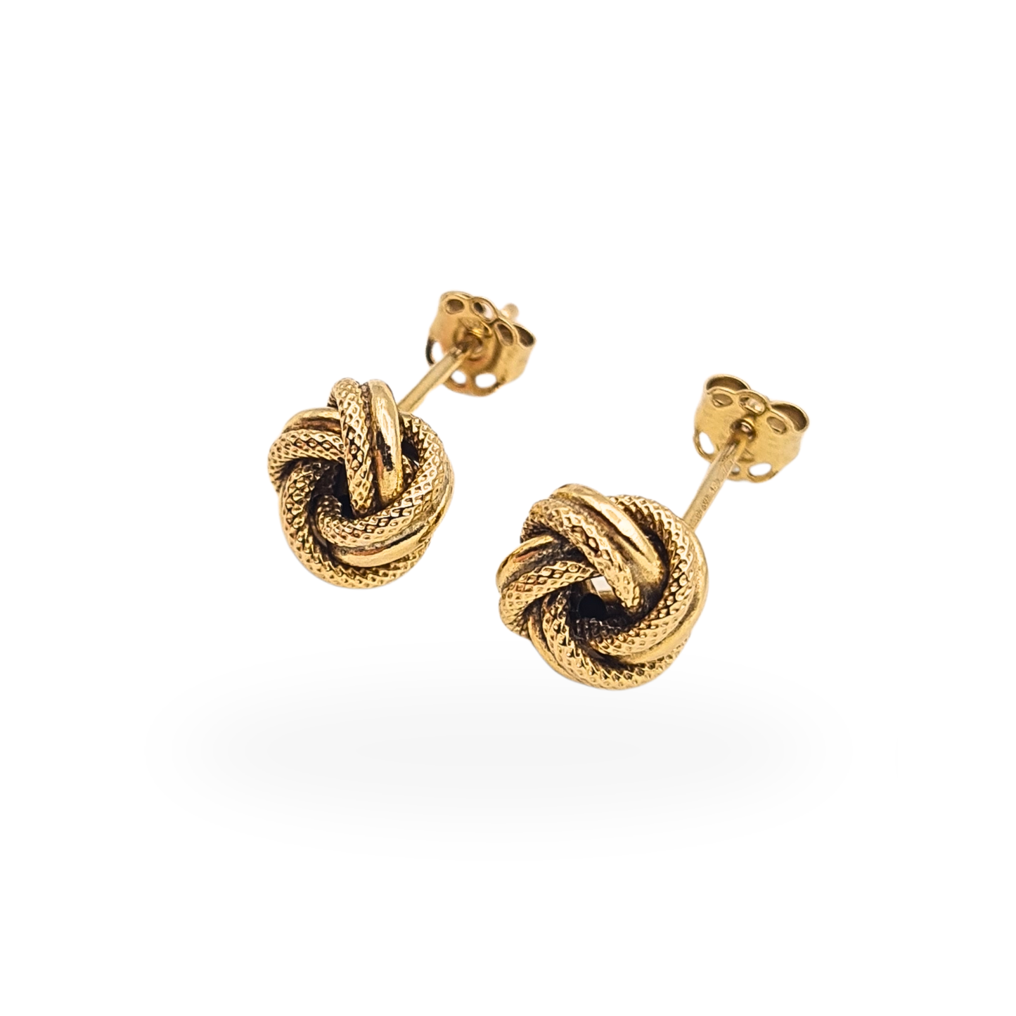 Pair of 9ct yellow gold textured woolmark knot stud earrings with twist design