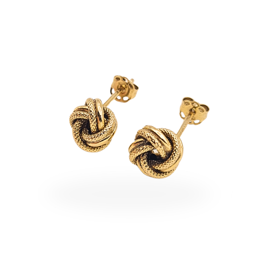 Pair of 9ct yellow gold textured woolmark knot stud earrings with twist design