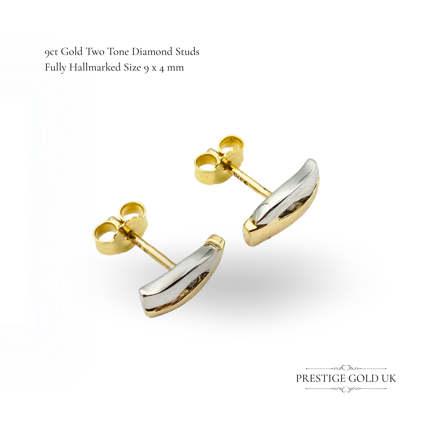 9ct Two-Tone Small Gold Diamond Stud Earrings, Fully Hallmarked, Curved Design