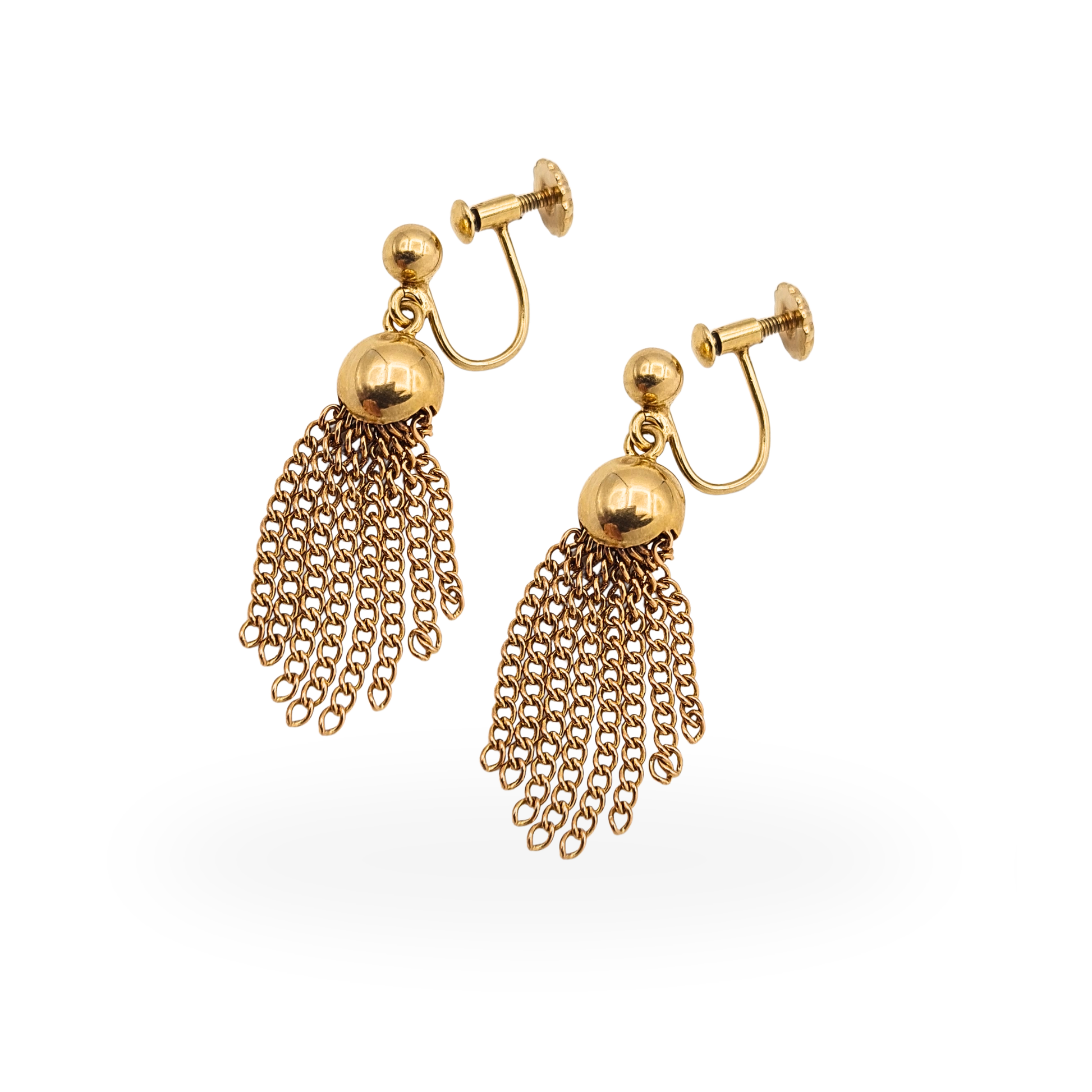 Solid 9ct yellow and rose gold tassel drop earrings with chain fringe and original screw back fittings, 34mm long.