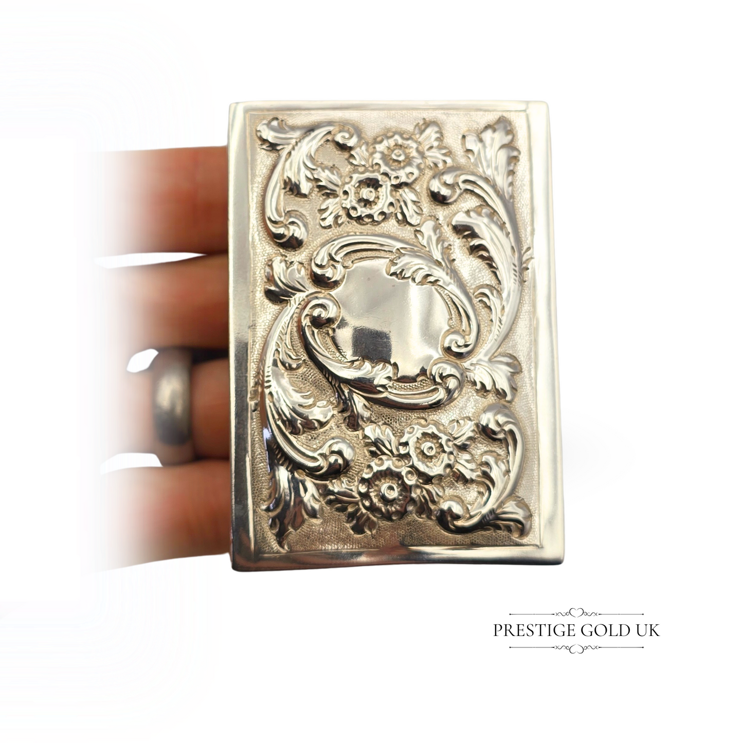 Antique Solid Silver Matchbox Holder, London 1901, Rococo Floral Design, 3” x 2”
