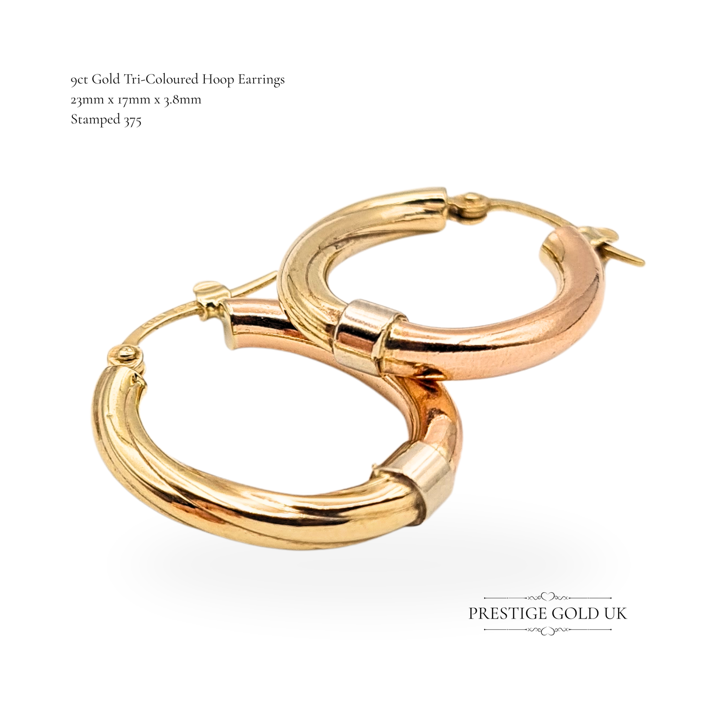 9ct Gold Tri Colour Oval Vintage Hoops, Yellow, White & Rose Gold