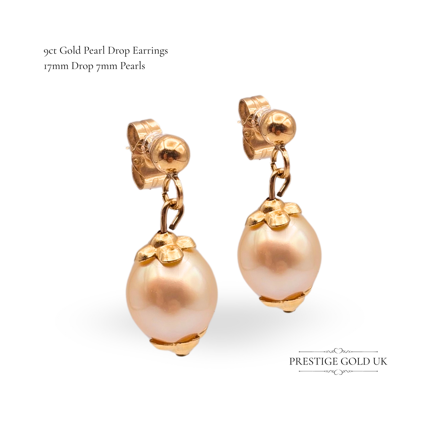 9ct Gold Drop Pearl Earrings, Dangle Studs Featuring Cream Round Pearls