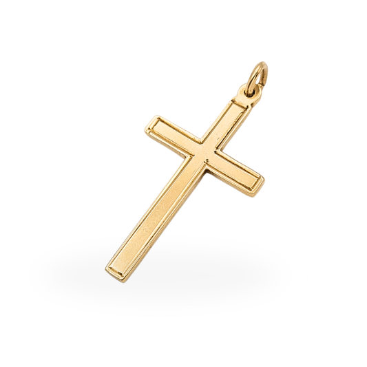 9ct solid gold Christian cross pendant with simple outlined design, London hallmarked 1995, 28mm gold cross