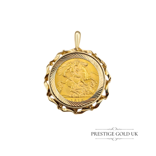     Close-up of vintage 9ct gold half sovereign coin holder pendant with intricate textured frame, fully hallmarked for London.