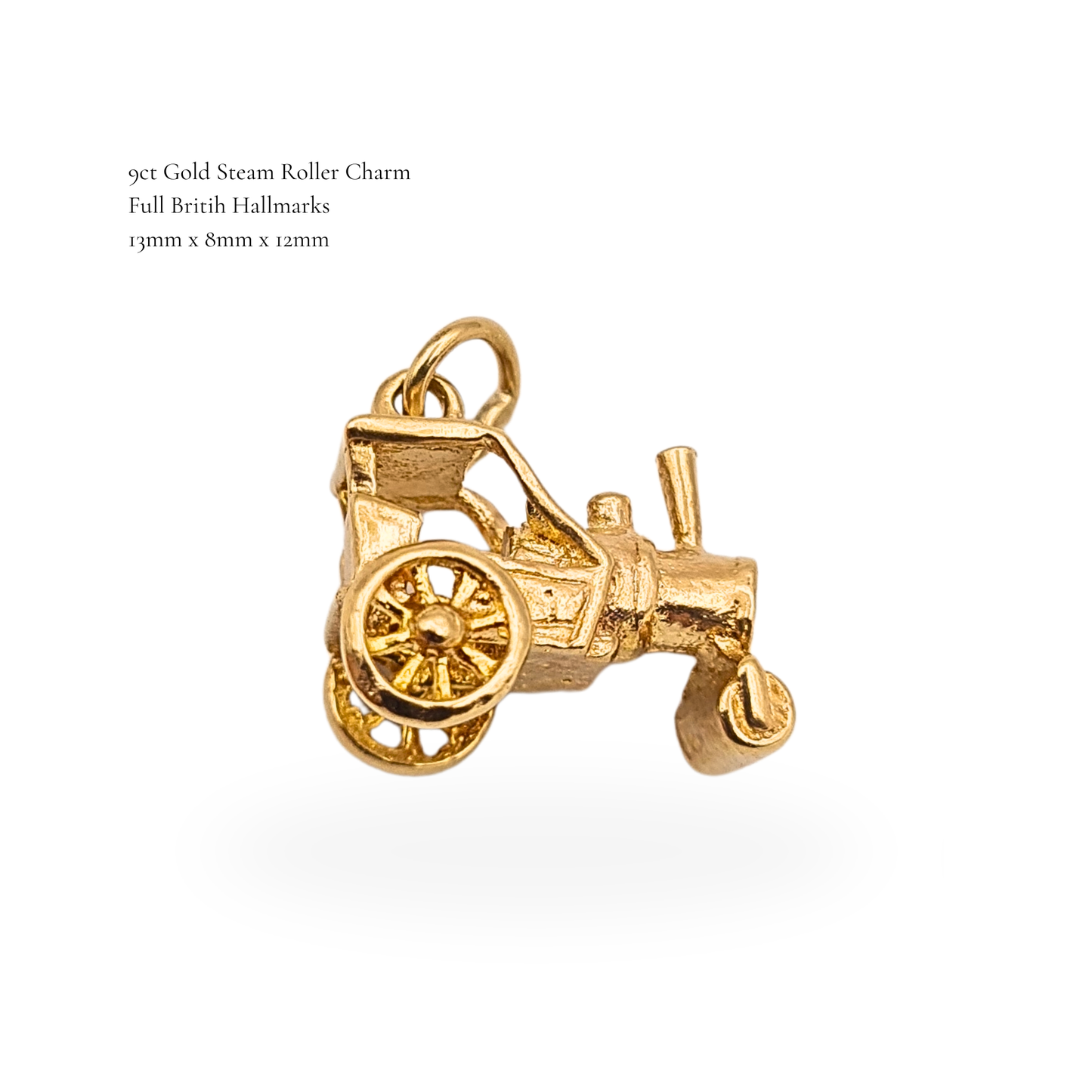 Vintage 9ct Gold Steam Road Roller, Charm Pendant, Fully Hallmarked