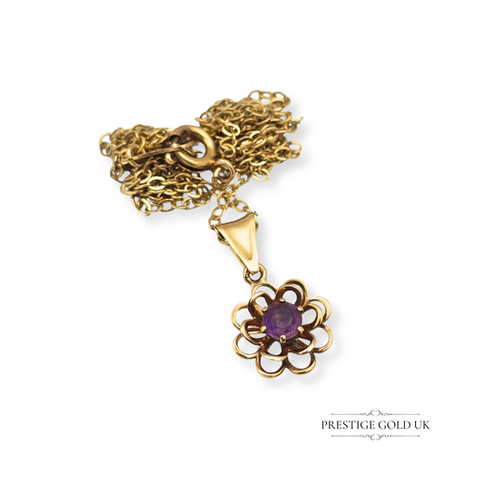 9ct Gold Floral Amethyst Pendant Necklace 18" Chain