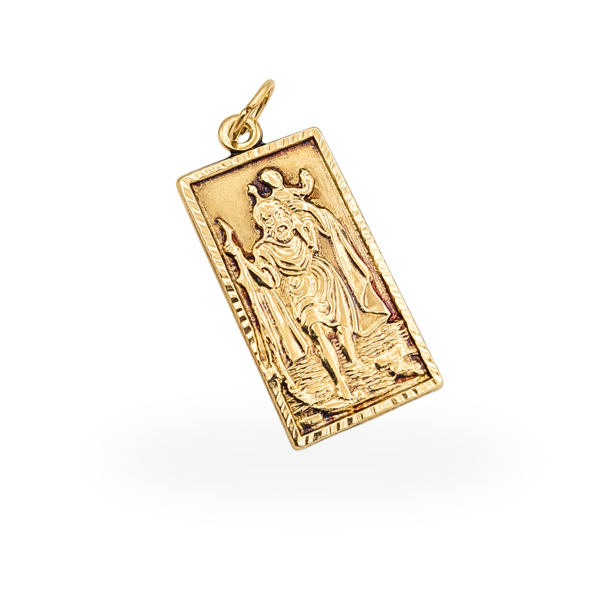 Solid 9ct gold rectangular St Christopher pendant with Birmingham hallmark measuring 23mm and weighing 1.56g.