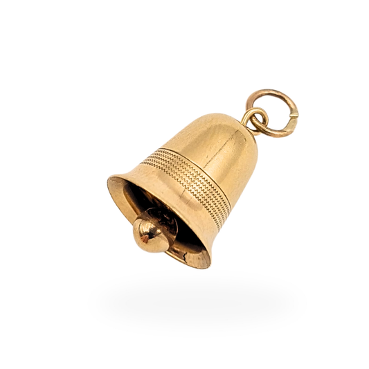 9ct yellow gold ringing bell charm with moving clapper, miniature bell pendant measuring approximately 15mm tall and 12mm wide, fully British hallmarked and weighing 1.3g, polished yellow gold charm ideal for bracelet or necklace.

