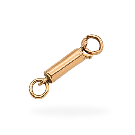 Antique 9ct rose gold barrel clasp with push-button release, stamped 9ct, 18mm length and 5mm width, 0.4g weight. Cylindrical design with warm rose tone, ideal for fine jewellery repair or restoration, fully tested.